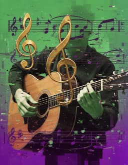 glitch art style, green and purple pixelated background with musical staves, golden treble clef symbol, hands playing acoustic guitar, high contrast, digital noise, abstract composition, vibrant colors, flat lighting, graphic design aesthetic
