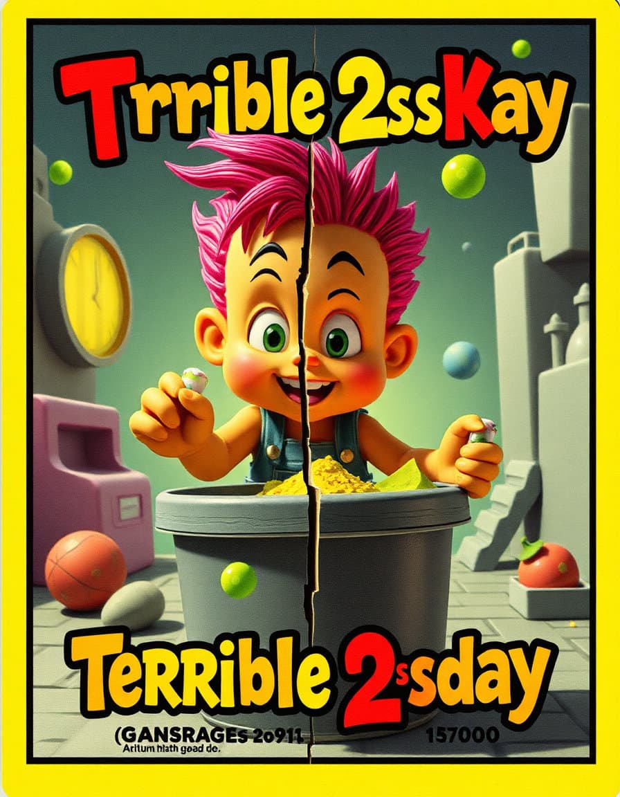authentic 1980's garbage pail kids trading card titled “terrible 2sday,” rendered in ena dream aesthetic: a surreal low‑fidelity flash‑animation style with ps1‑era polygonal textures and hand‑drawn 2d characters. acidic, discordant palette of lime green, magenta, sickly yellow clashing with washed‑out gray. forms are bisected and mismatched, environments warped with impossible geometry. grainy lo‑res compression and tape‑like hiss give an uncanny, melancholic, playfully broken dream‑logic feel.