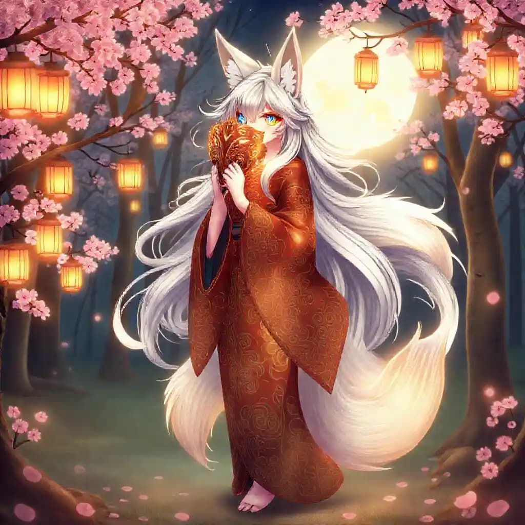 Create an enchanting illustration featuring a kitsune, a mystical fox spirit with nine tails. In the image, she stands gracefully in a tranquil, moonlit grove surrounded by softly glowing sakura trees. Her flowing silver hair shimmers under the ethereal light, cascading elegantly down her back. One of her delicate hands holds a traditional, intricately designed fox mask, which she gracefully wears to cover her face, adding an air of mystery.

Her eyes, glowing brilliantly—one a vivid blue and the other a radiant yellow—peek from behind the mask, adding to her otherworldly allure. She wears a beautifully ornate kimono in deep shades of red and gold, adorned with intricate patterns that reflect the light of the floating lanterns around her. Her nine tails fan out behind her, each with a shimmering gradient from silver to gold at the tips, radiating an enchanting glow.

The background consists of a serene forest clearing lit by the soft glow of the full moon, with lanterns hanging from branches and cherry blossom petals gently floating in the air. The scene exudes a sense of magic, serenity, and timeless beauty.

