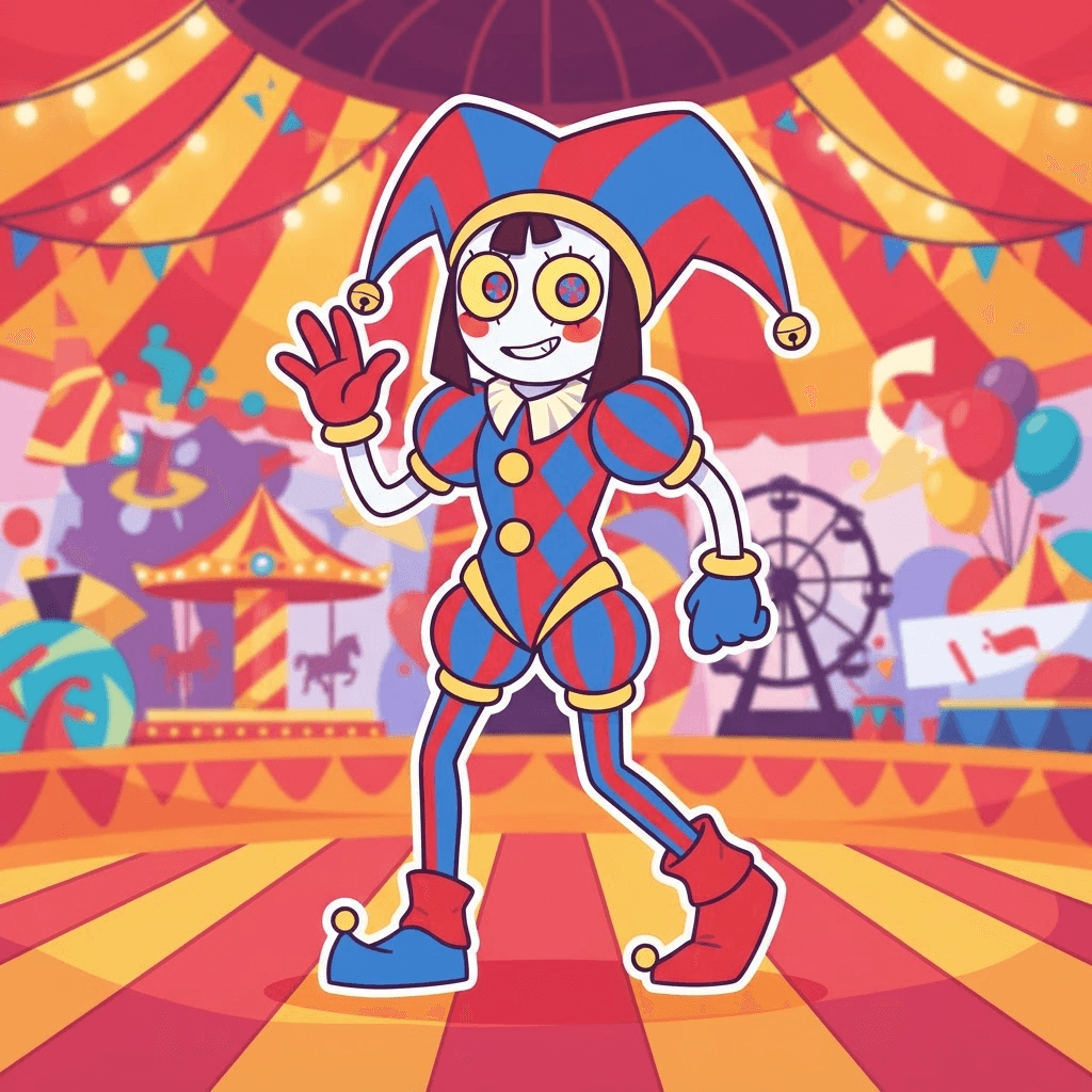 Pomni from The Amazing Digital Circus, jester harlequin outfit with red and blue diamond pattern, tall jester hat with bells, full-body character art in a bold flat vector poster art, bright colorful circus setting, no text, no logo, no watermark