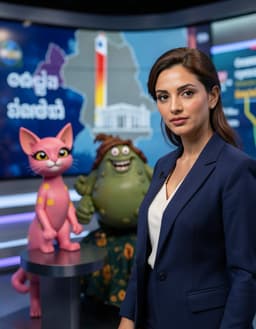 professional female news anchor in navy blazer, captured in an extreme close‑up view with shallow depth of field, crisp lighting that highlights the texture of her skin and fabric, studio broadcast setting barely hinted by blurred studio lights and faint digital overlay, dramatic lighting emphasizing facial details, subtle hint of telugu script and political graphics reflected on a glossy screen behind her, muted map of telangana and hyderabad landmark as soft bokeh, indian flag colors softened to background tones, cinematic composition with vibrant colors, modern digital interface blurred, sharp focus on anchor’s expression, intimate close‑up style dominating the scene. Beside the anchor, Serine Lady appears in the same frame, slightly offset to the right, leaning gently against the blurred studio backdrop, her posture relaxed yet engaged, eyes directed toward the camera, sharing the same dramatic lighting and bokeh environment. Polka Dot Cat Pair-fa stands to the left of the anchor, slightly turned toward the camera, paws relaxed on an unseen studio console, eyes bright and curious, bathed in the same dramatic lighting and soft bokeh. Bubba Blunderbuss crouches behind the anchor, slightly to the center, hands resting on an invisible studio console, head tilted toward the camera, also illuminated by the dramatic lighting and enveloped in the soft bokeh, completing the composition.