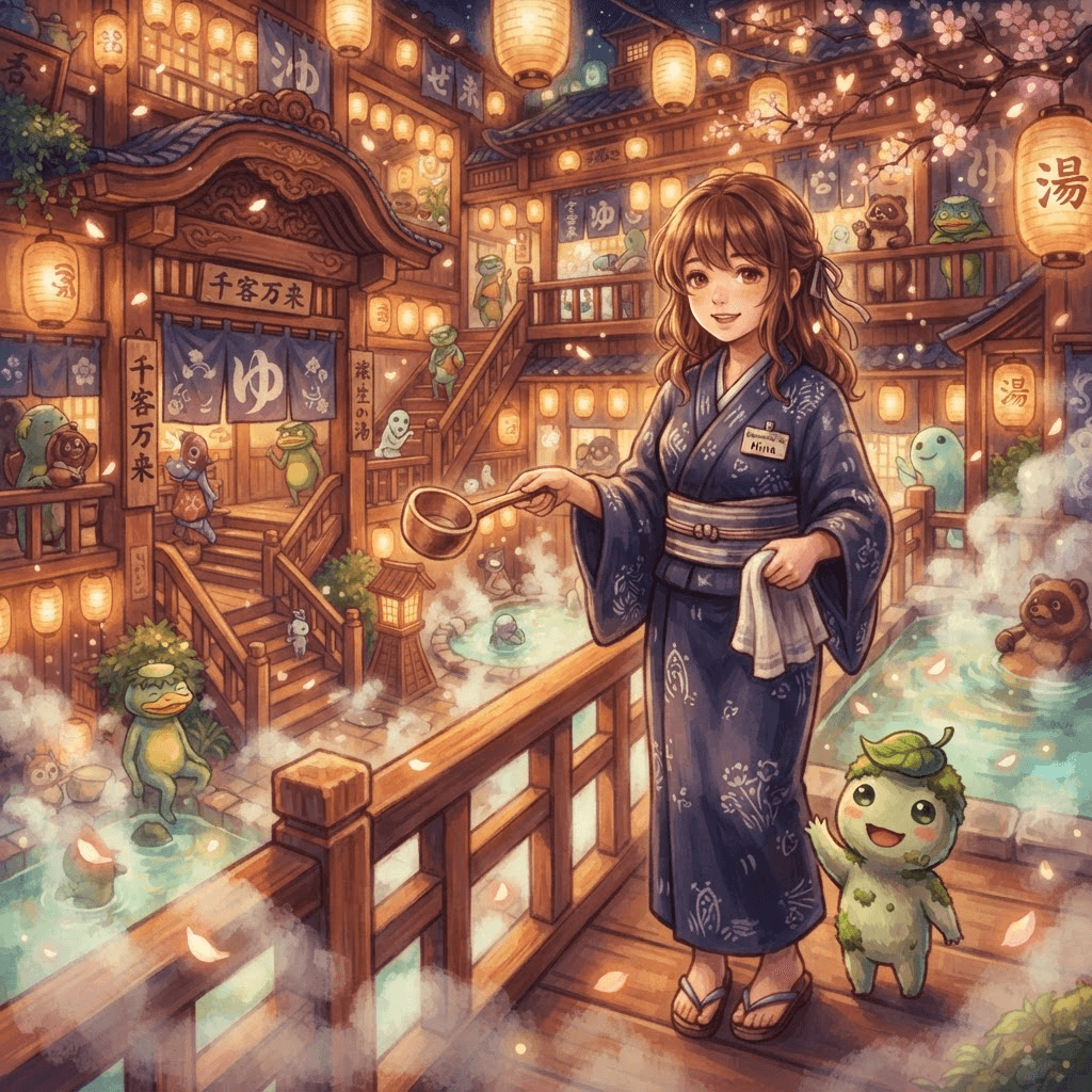 an original anime OC character in a mystical Japanese spirit-world bathhouse, a young spirit-bathhouse worker in a traditional indigo kimono uniform, standing beside a small friendly forest spirit creature, glowing paper lanterns, cherry blossoms, magical steam, Studio Ghibli inspired painterly style, warm nostalgic lighting, highly detailed illustration