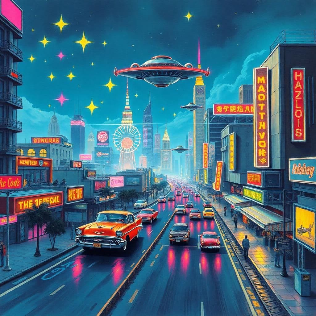 Imagine a bustling retro-futuristic cityscape, where neon lights mimic stars and retro automobiles hover gracefully above paved roads. The scene pulsates with energy, painted in vibrant hues that blend pop art and futurism, inviting one to explore a world where history and future intertwine.