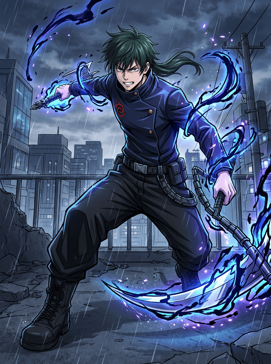 an original jujutsu sorcerer character, confident battle stance, glowing cursed energy swirling around the body, sleek dark sorcerer uniform, signature weapon, Jujutsu Kaisen anime style, cinematic MAPPA-inspired action, crisp cel shading, dynamic cursed-energy effects, dramatic ink linework, high-contrast lighting, fluid action poses, detailed sorcerer uniforms, intense facial expressions