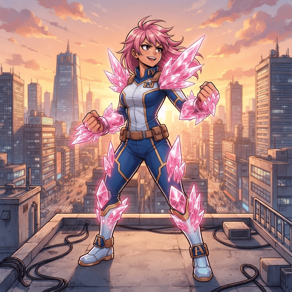 original My Hero Academia style anime character, girl with a mutant-type crystal quirk, translucent pink crystal armor growing from her arms and shoulders, heroic stance on a rooftop, MHA anime art style