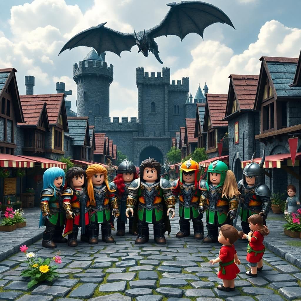A group of Roblox avatars gathered together in a highly detailed medieval village, with cobblestone streets and stone buildings. The avatars are dressed in colorful armor, ready to embark on a quest to battle a dragon. The background features a dark, looming castle with a dragon circling it in the sky. The scene is filled with intricate details: market stalls, blooming flowers, and children playing. The village looks alive, with every corner filled with activity.