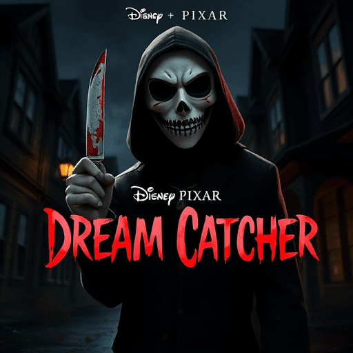 Disney Pixar movie poster. A masked man wearing a scary mask.holding a bloody knife in hand while standing in a dark street with dimly lit houses all around. Pixar art style. The movie is named “Dream Catcher” in a sinister, bloody font. 