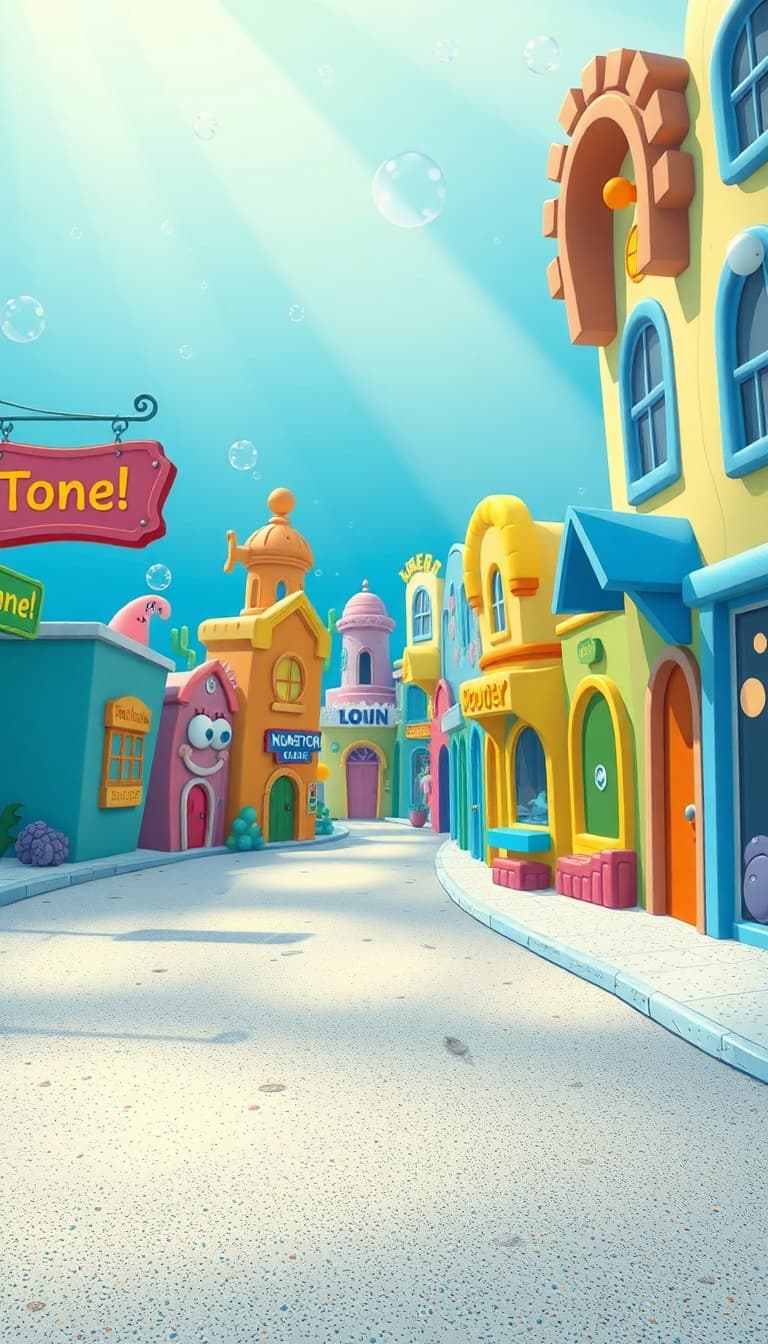 Empty cartoon-style underwater town street from SpongeBob SquarePants, sandy ground, colorful cartoon street signs, small quirky underwater buildings with bright pastel colors, bubbles floating, soft light rays from above, no characters

