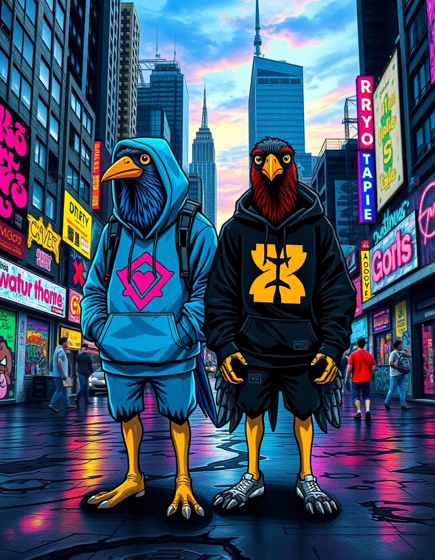 in a city filled with vibrant street art, two birds stand tall. a streetcranic and an urbancranic wear cool, futuristic outfits with crypto symbols and wing-emblems. the streetcranic has a blue hoodie with neon colors, while the urbancranic wears a black hoodie with orange and white symbols. they stand confidently in front of a cityscape with towering buildings, neon lights, and gritty textures.

the scene is a mix of bold street art and urban decay, with bright colors and dynamic energy. the birds' outfits blend urban style with futuristic tech, showcasing their unique personalities. the city around them is alive with movement and activity, but the streetcranic and urbancranic remain calm and focused.

the art style is a fusion of street art graffiti and urban culture, with bold lines, bright colors, and expressive lettering. the scene is set at dusk, with neon lights reflecting off the wet pavement and casting a kaleidoscope of colors across the sky. the overall effect is a vibrant and dynamic representation of urban creativity and rebellion, with the streetcranic and urbancranic at its heart.
