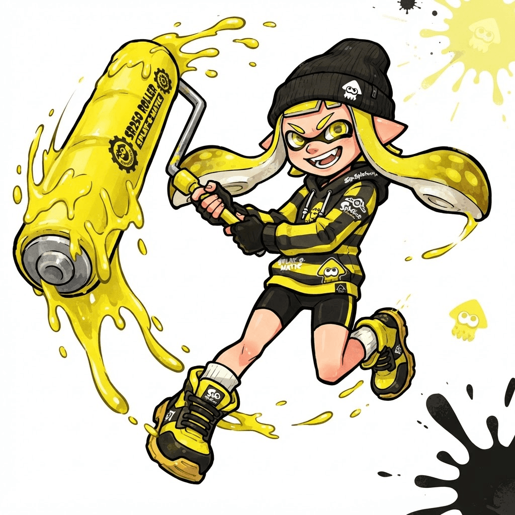 Splatoon game style inkling OC holding giant ink roller, yellow ink dripping, Nintendo Splatoon official art style, dynamic pose, clean background