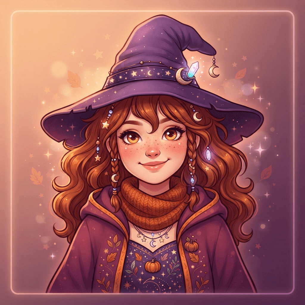 Close-up head and shoulders portrait avatar of a friendly original cartoon witch girl with a big purple pointed hat, auburn hair, amber eyes, warm smile, tiny star charms, cozy autumn orange and plum palette, spooky-cute style