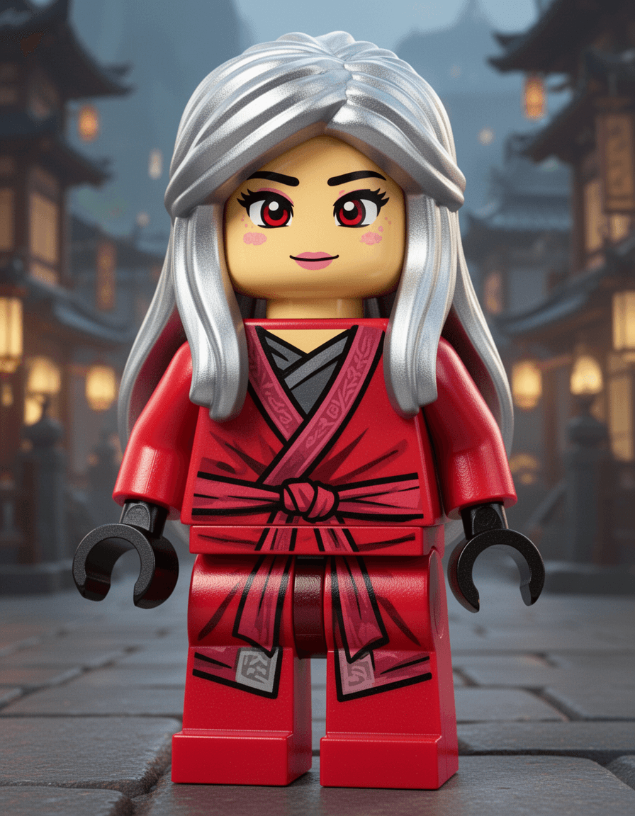 Ninjago girl with long silver hair and red eyes lego body and face wearing a ninja outfit. That match the movies ninjago