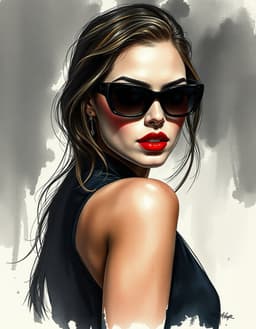 a fashion portrait rendered in a touch of noir style, featuring a sleek model in high‑fashion attire posed dramatically under film‑noir lighting, dark‑academia atmosphere, watercolor washes blended with chic ink‑sketch accents, metallic gold and silver leaf highlights, subtle glitter texture, and bold red lips, evoking luxurious, sophisticated portraiture.