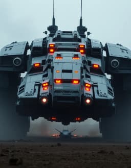 colossal super heavy sci‑fi battle tank seen from a distance, massive armored chassis with sleek accents and glowing energy cores, futuristic weaponry and matte plating, set in a dystopian battlefield with muted smoke and distant horizons.