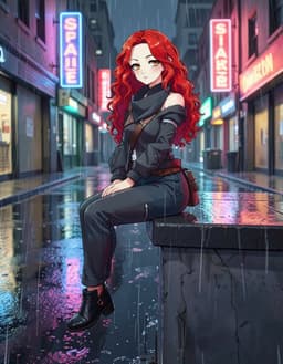Sable Drakelyn. A rain-slick neon street at night. Sable Drakelyn is sitting on an edge, legs hanging, turned toward the camera. A single whole figure, face in view, clear of everything else in the frame.