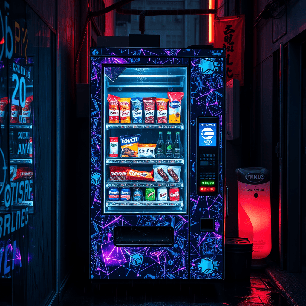 an ultra-sparkly cyberpunk vending machine adorned with dazzling holographic patterns and shimmering led lights. it dispenses futuristic snacks and neon-lit beverages that glitter and glow against a dark, rain-slicked alley backdrop. the ambiance is futuristic, yet gritty and alluring, with an art style that blends hi-tech with urban decay.