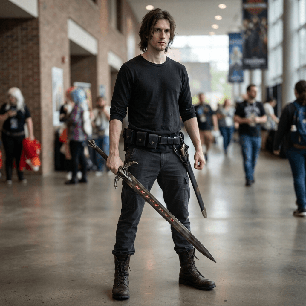 a tall dark haired man with a scar on his lip in a plain black shirt holding a cursed blade, cosplay reference, full body, standing portrait