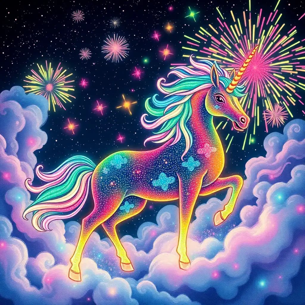 japanese woodblock print turned psychedelic explosion. beneath a constellation of exploding fireworks illuminating the star-studded night sky, a technicolor kirin bursts into being. this majestic creature bursts forth from a swirl of rainbow-hued mist that weaves through delicate, swirling vortexes of cotton candy-like clouds.

its slender legs shimmer with neon hues of pink, green, and blue, perfectly aligned in a mesmerizing display of symmetry. these legs support a majestic form unlike anything ever seen, as if the very essence of a rainbow was brought to life. against a backdrop of boughs entwined with kaleidoscopic strands of glowing fibers that rival the intensity of a thousand supernovae, the kirin stands out.

millions of pixels-worth of shimmering, stardust-like lights explode across its fur as shifting clouds of rainbow-colored mist form fluid shapes and dissolve into one another. countless facets resembling sparkling diamonds and sapphires align in ascending order of intensity along its majestic body, illuminating an almost sacred aura.

stardust-particles dance in its crystal-clear, kaleidoscope-green eyes like radiant flecks of shooting stars within the brilliant dance of aurora-like colors. each of its heavenly features is emblazoned with a shining aura of profound wisdom. every strand of memories etched on its being shimmers like the opulent gemstones within the cave of mystical lore, every strand of which beats with vibrations of limitless benevolence.

an infinite cascade of multicolored glitter washes over this enchanted world, releasing a hauntingly intense concoction of bewildering fragrance into the evening breeze - a delectable symphony comprised of enchanting notes of lavender-spun candies, glittering amaranth petals, sizzling vanilla scents, and effervescent mint wafts, compelling an overwhelmed observer to traverse a resplendent odyssey in the shimmering effulgence, as splashing droplets of glitter paint glittering pathways in relentless pursuit.