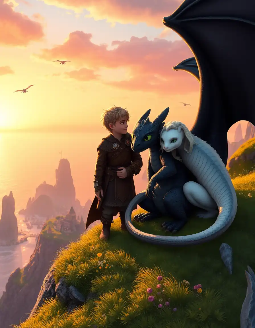 A highly detailed, cinematic fantasy illustration in the style of How to Train Your Dragon. A full shot of four characters: Hiccup Horrendous Haddock III, Astrid Hofferson, Toothless (the Night Fury), and the Light Fury, gathered together on a grassy, moss-covered cliff edge overlooking the beautiful, misty Isle of Berk during a magical sunset. The setting sun paints the sky in shades of warm orange, soft pink, purple, and gold, with the ocean sparkling below. In the foreground, Hiccup (wearing his brown dragon-riding leather armor) stands close to Astrid (wearing her leather armor and distinctive blue headband, her blonde hair partially braided). They are looking affectionately at each other, Hiccup gently holding Astrid's hand. Toothless, the jet-black Night Fury, is curled comfortably around them, his head resting peacefully near Hiccup's leg, his dark scales catching the warm sunset glow. Beside him, the elegant, white-scaled Light Fury is gracefully draped, her snout close to Toothless's, showing deep affection. Her shimmering, slightly pearlescent skin radiates the golden hour light. The composition is intimate and romantic, emphasizing the deep bond and love between the two humans and their beloved dragon partners. The background features the iconic rock formations and Viking village of Berk nestled in the valley, with other small dragon silhouettes flying in the distance. The lighting is natural, warm, and soft, creating a dreamlike, tender atmosphere. High quality, intricate textures on scales and leather, painted aesthetic with soft edges and strong depth of field.