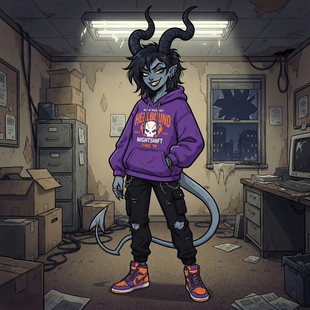 cartoon grey-skinned demon woman, tall thin build, long curled horns, spade-tipped tail, sly grin with sharp teeth, purple streetwear hoodie and sneakers, run-down office with flickering lights behind her, thick bold outlines, flat colours, 2D adult cartoon style, full body