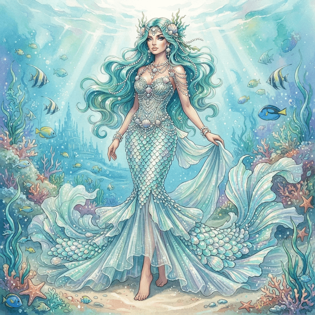 mermaid fashion, iridescent scale gown, pearl and shell accessories, sea foam palette, full length gown look, fashion illustration, full body