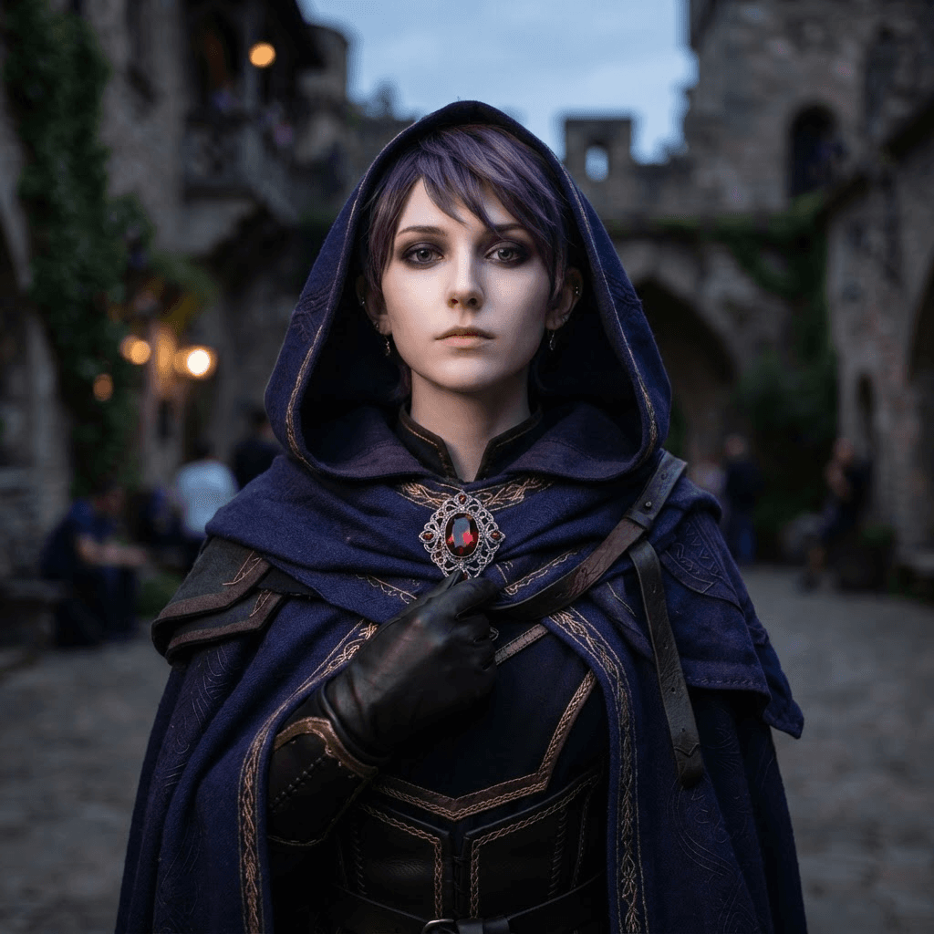 a pale hooded figure in a deep indigo cloak with a red gemstone brooch and short purple hair, cosplay portrait, waist up, detailed costume