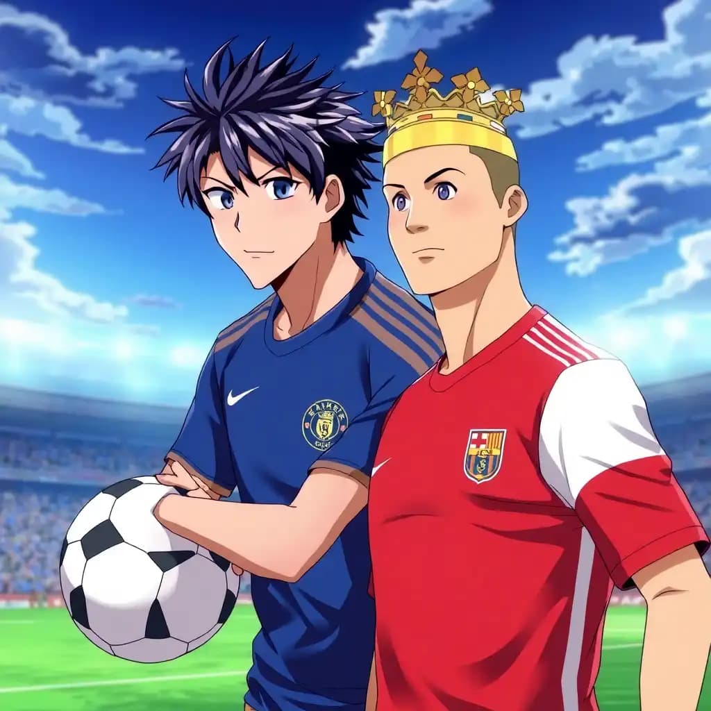 Isagi Yoichi from the anime blue Lock with cristiano ronaldo next to him on a football pitch