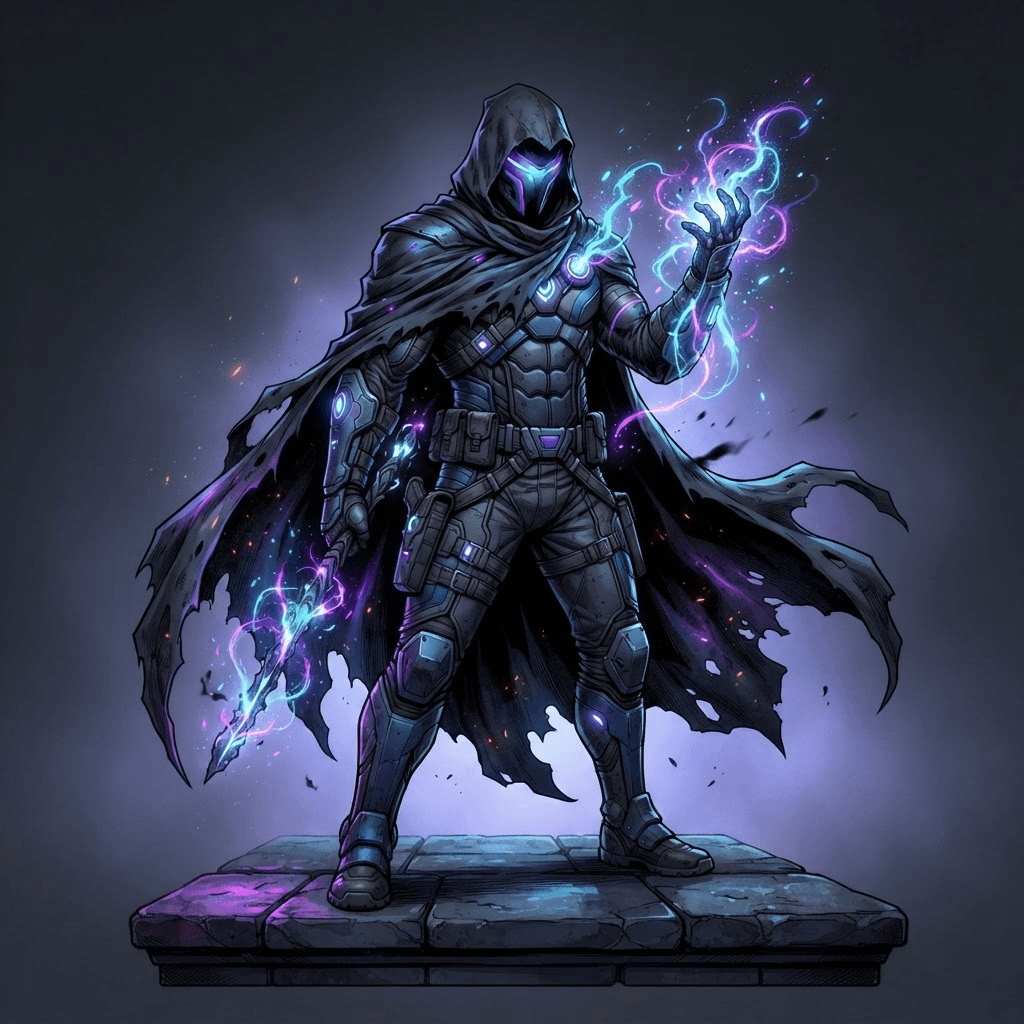mysterious Marvel-style anti-hero original character, dark cloak with neon energy powers
