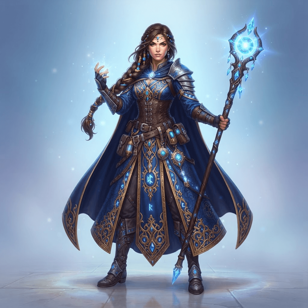 full body original fantasy character, battle mage in ornate blue robes, glowing staff, long braided hair, standing pose, clean soft gradient studio background, vibrant, crisp high detail, digital illustration