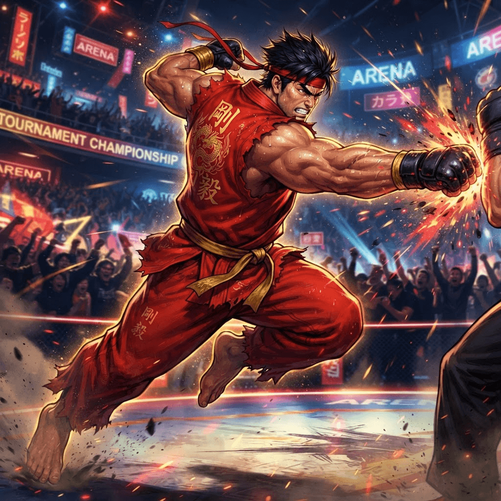 Street Fighter OC, original fighting game character, muscular martial artist, action pose, arena background