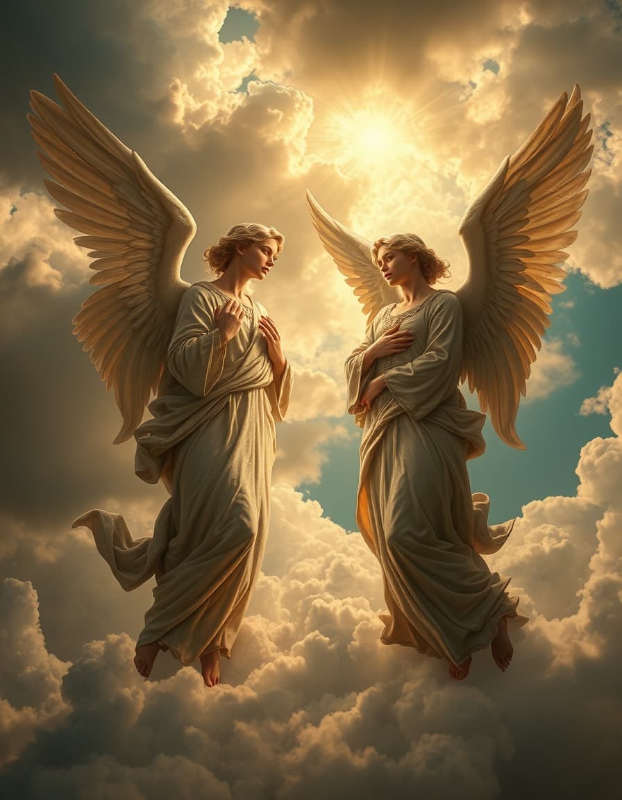 step 1: deconstruct & filter
- **subject**: heavenly angels
- **defined as**: human/humanoid
- **setting**: dramatic sky
- **style**: baroque (removed due to style change)
- filtered: the detailed descriptions of chiaroscuro, glowing highlights, and theatrical divine composition are discarded.

step 2: reconstruct with new theme
- **use original subject (absolute priority)**: heavenly angels
- **preserve original style (critical)**: not applicable due to style change
- **add clothing (conditionally)**: although not specified, to maintain consistency, we include a generic description of their clothing: wearing flowing robes
- **apply all remixes**: soft and organic texture evokes warmth, comfort, and a sense of natural fluidity, allowing for gentle curve and blend of forms without rigid edges or sharp transitions. softly diffused light creates a breathable and natural feel, free from harsh reflections or high contrasts.
- **combine simply**:
"heavenly angels in flowing robes float among wispy, glowing clouds in an ethereal sky. the soft, organic texture of their robes gently curves and blends, evoking a sense of comfort and natural fluidity. softer, muted light diffuses across the scene, conveying warmth and serenity, free from harsh reflections or contrasts."