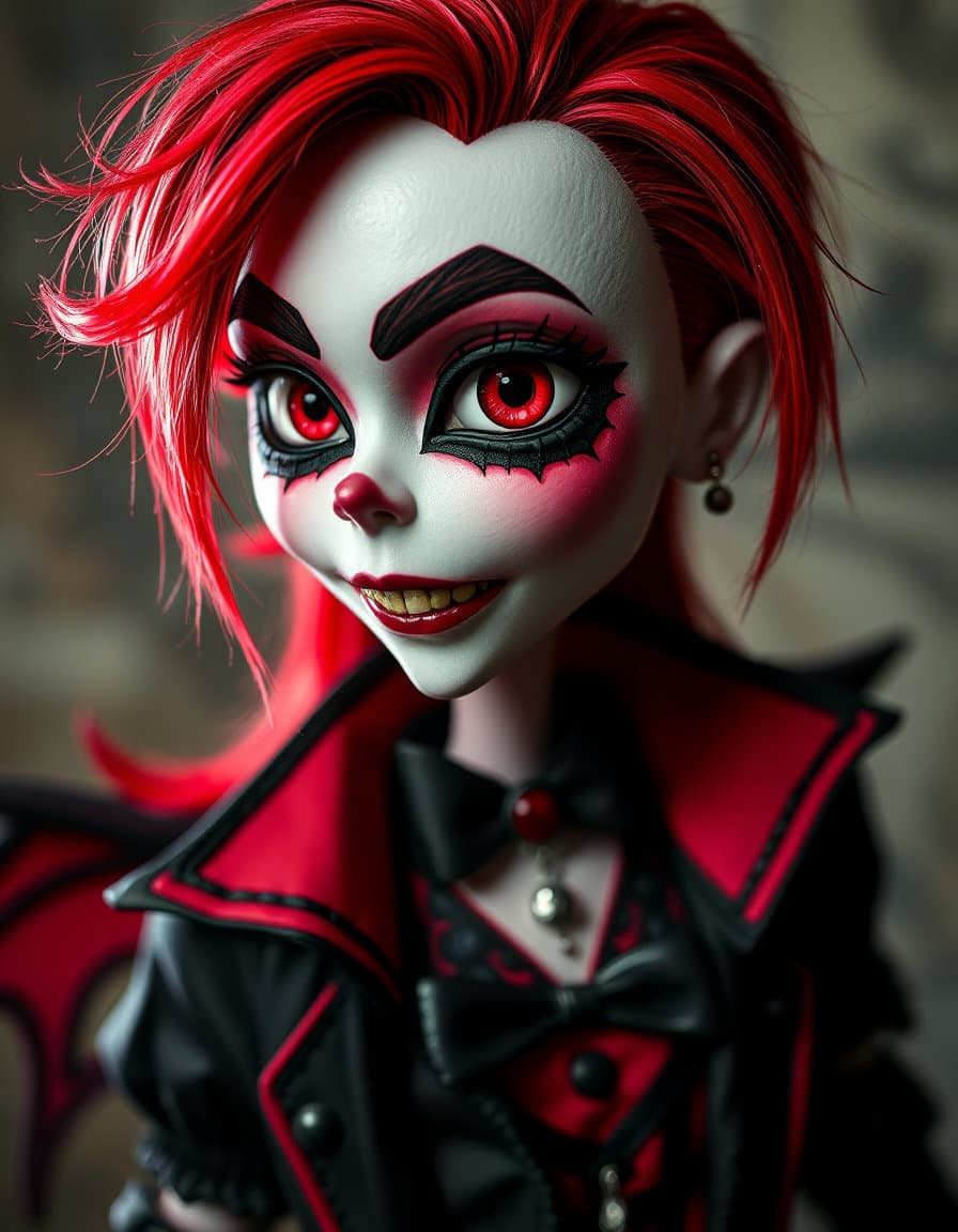 monster high style, ghoul a vampire with red and black as main colors and hair color, eyebrow piercing and septum piercing, alternative style