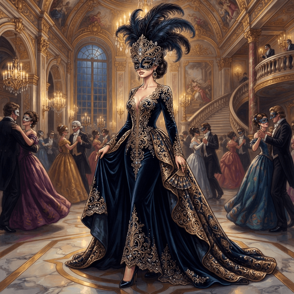 masquerade ball fashion, ornate feathered mask, dark velvet gown, gold filigree detail, full length gown look, fashion illustration, full body