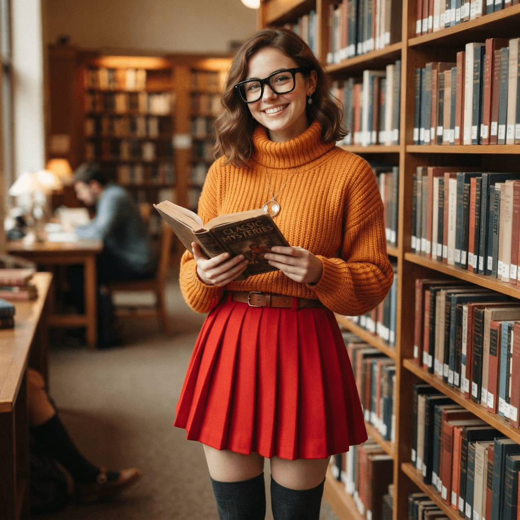a bookish girl in an orange turtleneck sweater, red pleated skirt, knee socks and thick square glasses, cosplay portrait, waist up, detailed costume