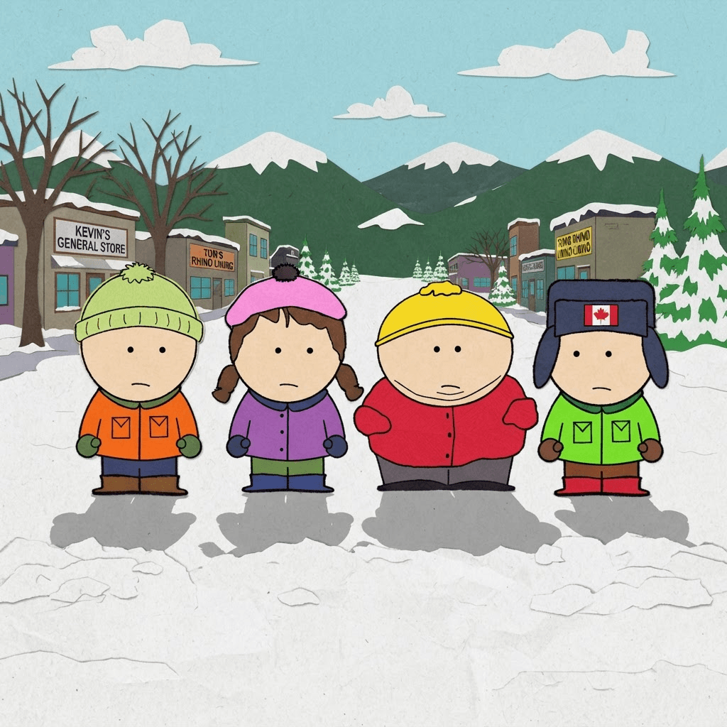a group of four original kid characters in colorful winter coats standing in a row in the snow, in the exact art style of the South Park TV show: flat construction-paper cut-out animation, simple round head, tiny dot eyes, no nose, stubby body with simple mitten hands, thick black outlines, flat solid colors, no shading, crude paper texture, snowy Colorado mountain town background