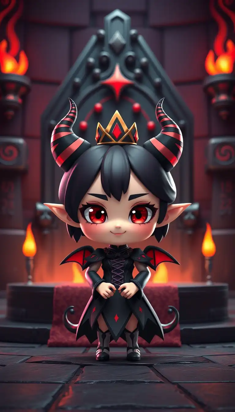 3D cute chibi demon queen girl, small crown, curved horns, dark elegant dress, confident cute expression, demon throne room background, black stone throne, red glowing runes, fire torches, dark fantasy atmosphere, high quality 3D chibi render