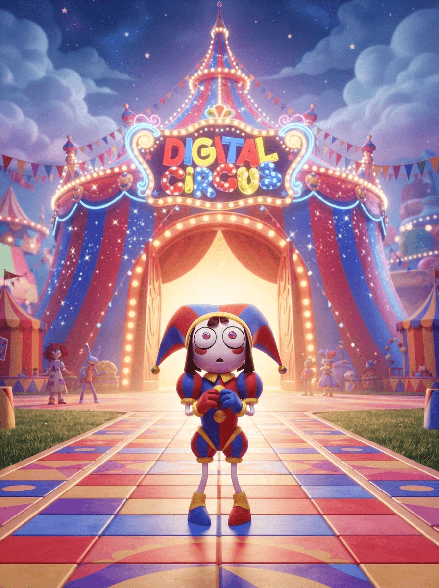 Pomni from The Amazing Digital Circus, jester harlequin outfit with red and blue diamond pattern, tall jester hat with bells, standing small before the vast glowing big top, phone wallpaper composition, glossy 3D circus style, polished expressive 3D animation, bright colorful Amazing Digital Circus environment, no text, no logo, no watermark
