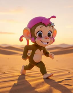 Pipri. An open desert at golden hour. Pipri is mid-stride, leaning into the movement. A single whole figure, face in view, clear of everything else in the frame.