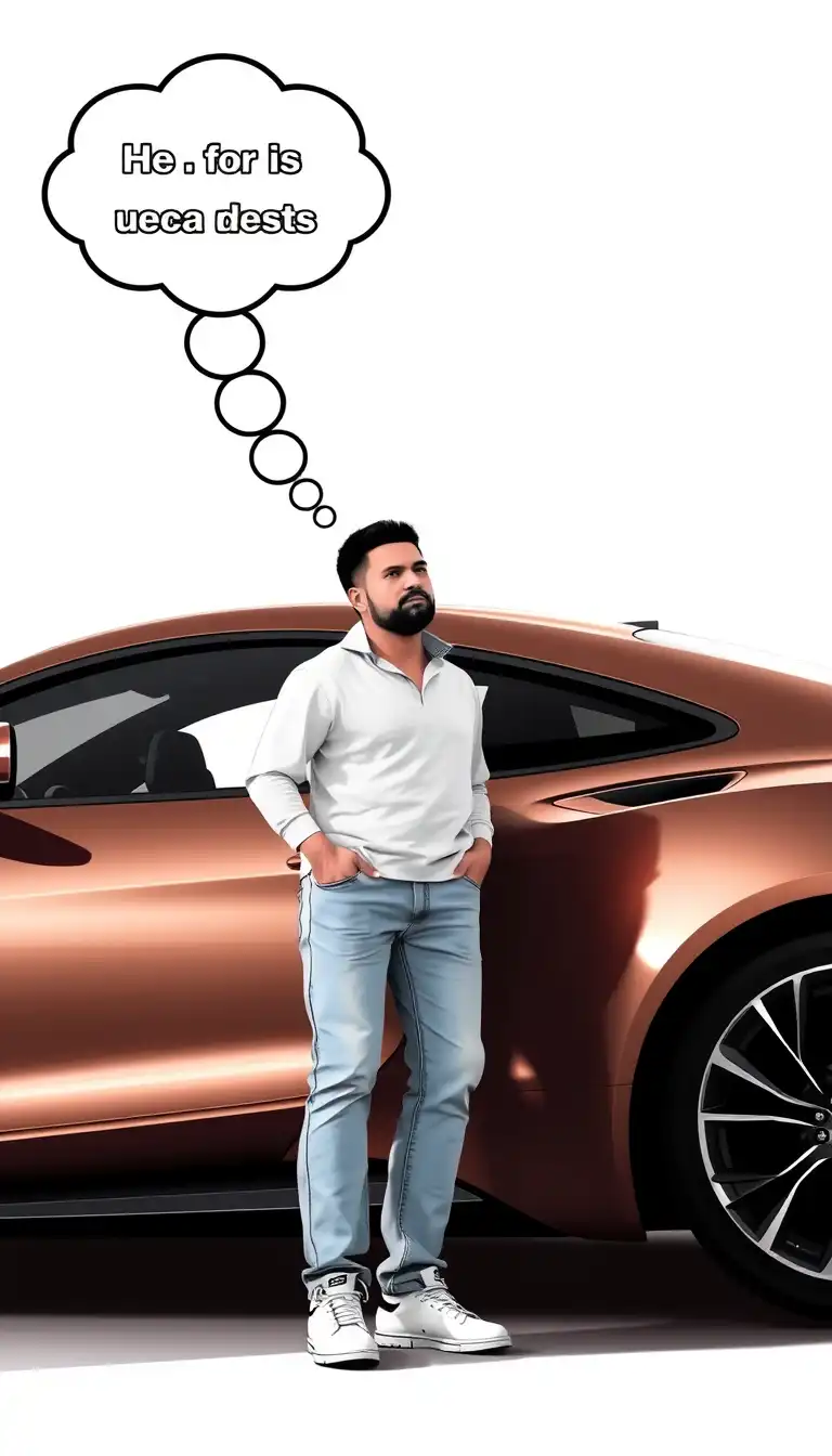 A man is standing next to his luxury car. He is thinking about buying a cheaper car2 figure.