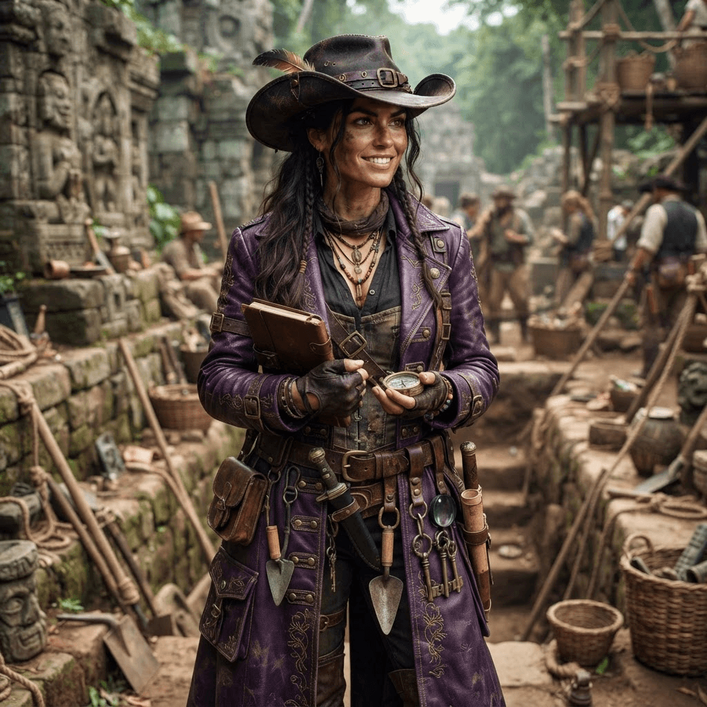 a tall dark haired woman in a purple leather coat and wide brim cowboy hat, pirate archaeologist styling, cosplay portrait, waist up, detailed costume
