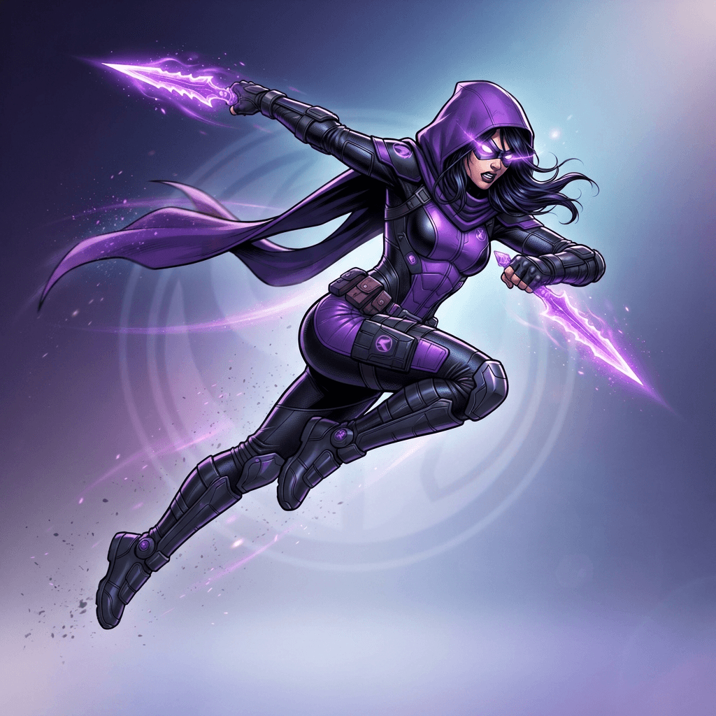 original agile superhero in purple and black hooded stealth suit with energy daggers, mid-leap, sleek comic book illustration