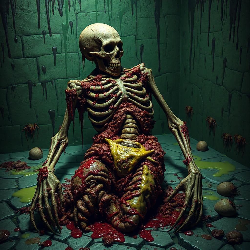 "A Putrid Ode to Decay: A Revolting Corpse Amidst a Fetid, Green-Hued Chaos."

"Envision a putrid, rotting corpse that's been festering for eons, its bony frame encrusted in a gruesome, maggot-infested mesh of crimson-stained vomit and festering sores. The body's twisted and contorted, as if it's been trampled by a swarm of rabid insects, its every crevice oozing with a sickly-yellow pus."

"The background is a noxious, nightmarish landscape of festering wounds and scabbed-over sores, with glistening hints of infected discharge seeping through cracked pavement. The walls are adorned with diseased vomit, as if some creature has unleashed its darkest, most horrific secret onto the world."

"The emotions evoked by this revolting scene are an overpowering sense of disgust and recoil. The stench of rot and decay wafts out from the canvas, making it hard to look away from the carcass's gruesome splendor. It's as if the viewer is trapped in a never-ending nightmare, their stomach churning in protest as they witness this scene of grotesque degradation."

"The art style combines the graphic violence of a brutal war crime with the unsanitized unease of a taxidermied specimen. The colors are muted and bilious, with an emphasis on sickly greens and earthy tones that threaten to devour the viewer whole. Every surface appears to be slick with rot and filth, as if the very fabric of reality is beginning to unravel, revealing a seedy, malevolent underbelly."