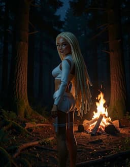 BlondeRhinestoneDoll. A dark forest at night, a campfire burning off to one side. BlondeRhinestoneDoll is half-turned, looking back toward the camera. A single whole figure, face in view, clear of everything else in the frame.