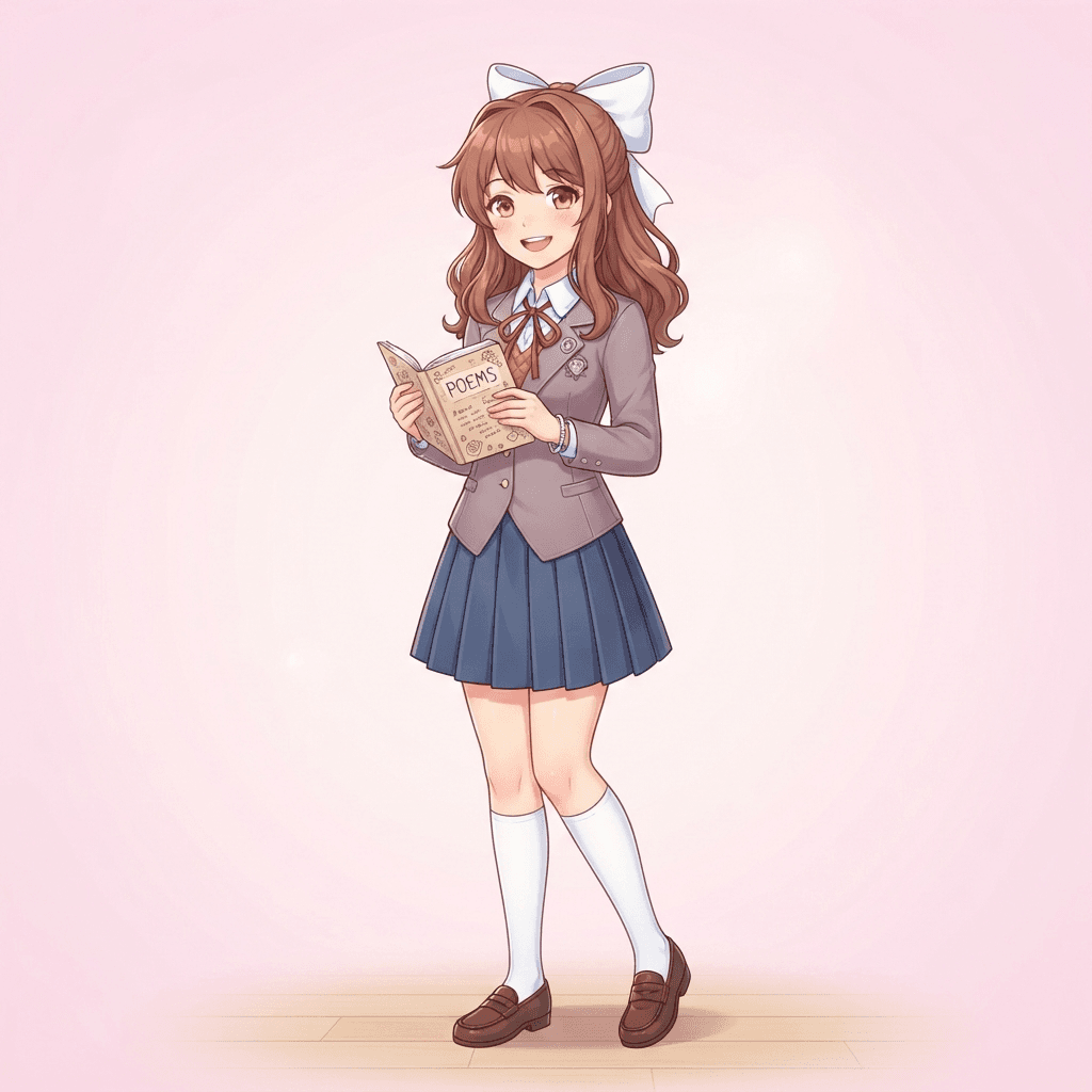 original visual novel style anime school girl, literature club member, brown hair with white bow, pastel uniform, poetry notebook, digital illustration