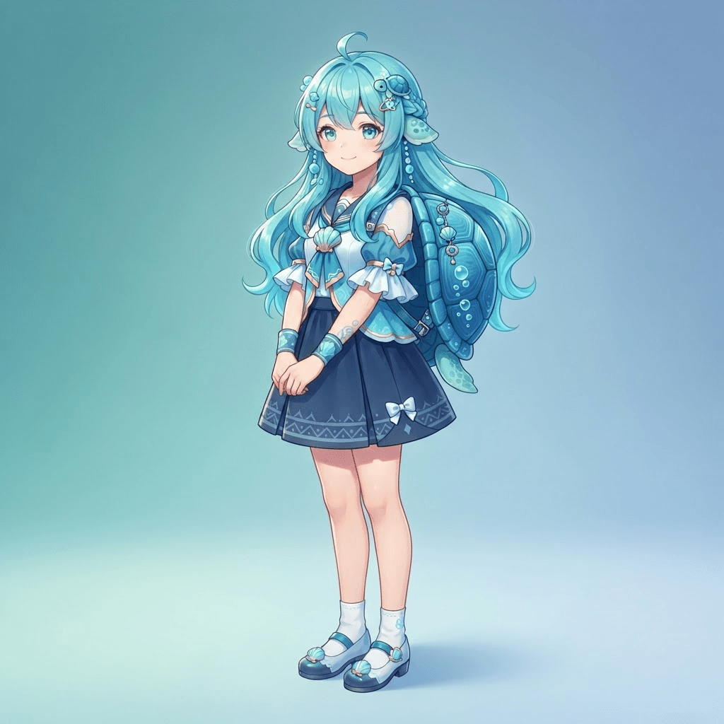 gijinka anime girl, humanized water turtle creature, aqua hair, blue shell backpack, calm smile, clean soft gradient studio background, vibrant, crisp high detail, digital illustration