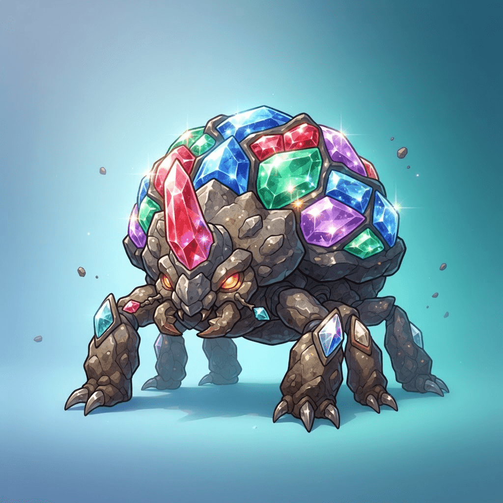 a sturdy rock golem beetle fakemon with a gemstone shell, pokemon-style original creature design, full body, centered, clean soft gradient studio background, vibrant colors, crisp high detail, digital illustration