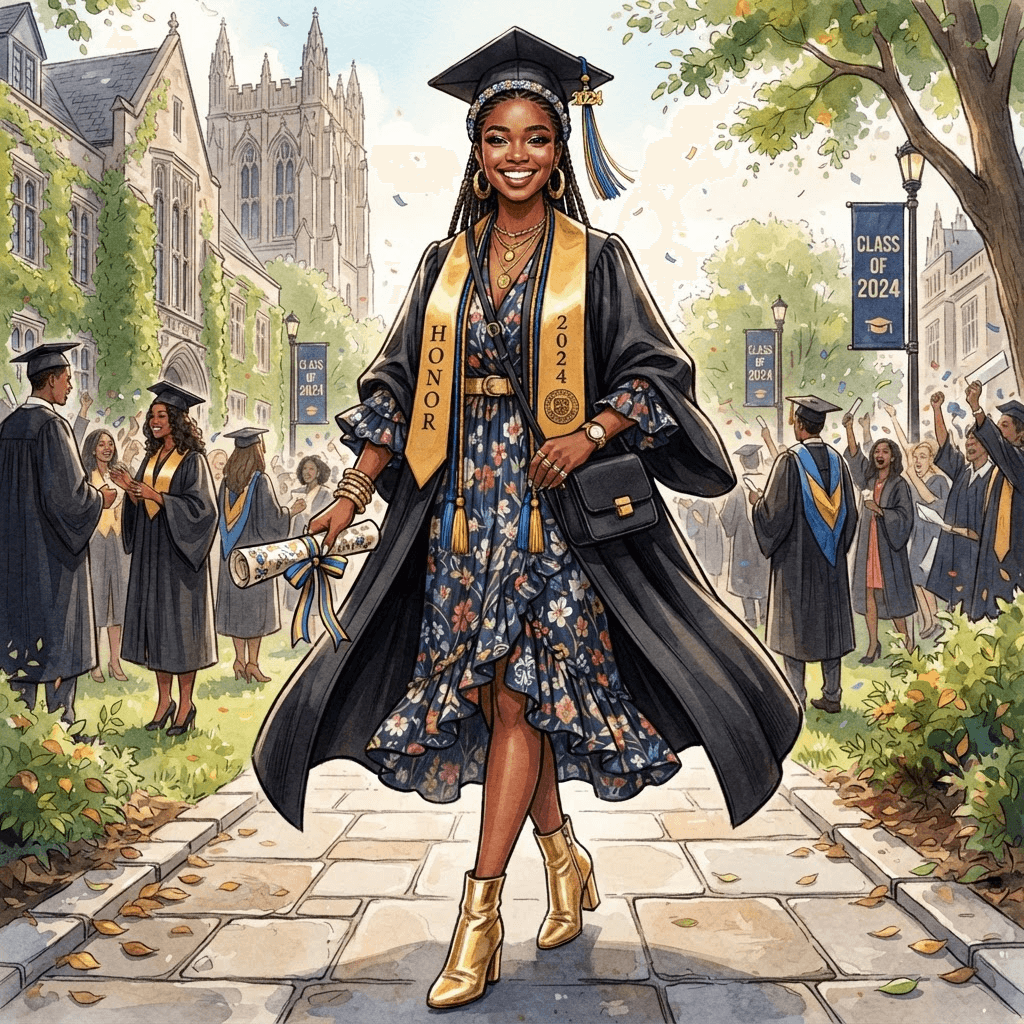 graduation fashion, cap and gown over a chic dress, tassel and honor stole, styled with statement accessories, fashion illustration, full body