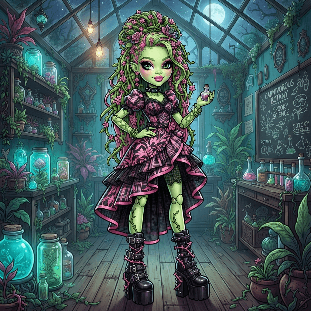 fashion doll style teen girl plant monster, very tall slim doll proportions, light green skin, leaf and vine hair with pink blossoms, bold makeup, black and pink patterned dress, chunky platform boots, spooky greenhouse classroom, pink black and teal palette