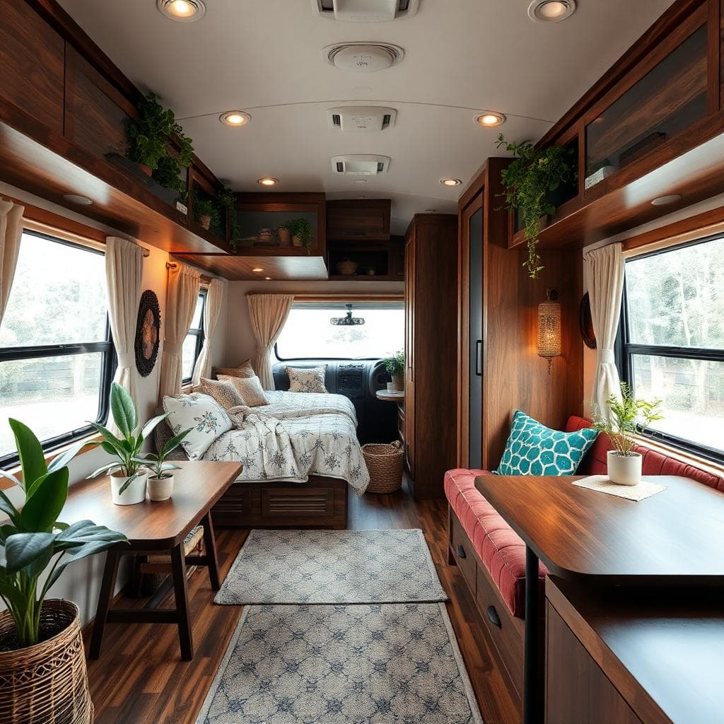 cozy rv camper interior with botanical maximalism and mahogany wood