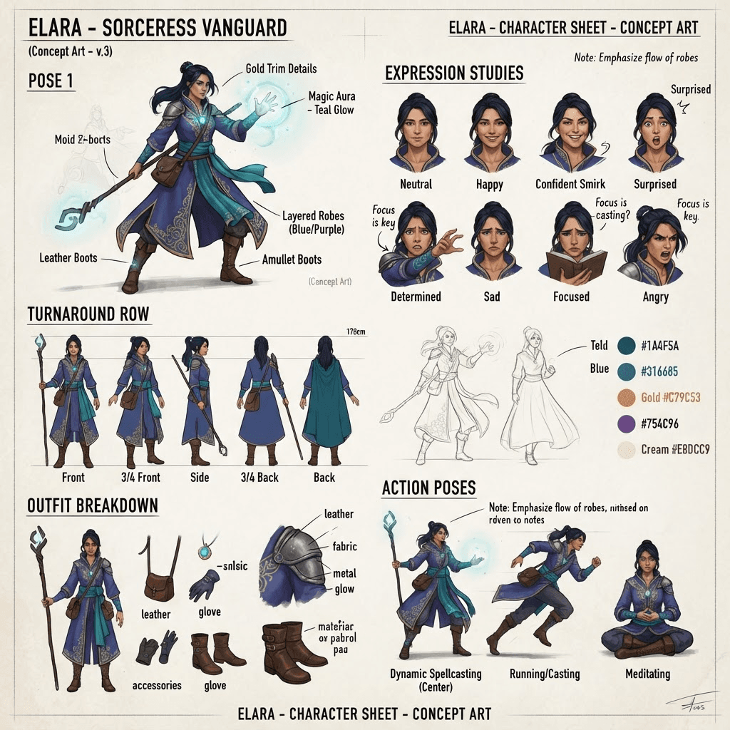 a character design sheet with a turnaround row and expression studies, concept art layout, different color scheme
